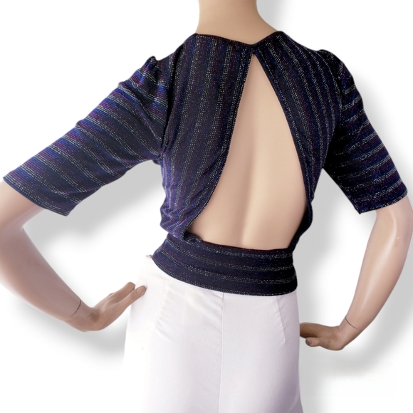 70s Retro Inspired Blue, Purple & Silver Striped Metallic Open Back Blouse - Picture 6 of 8